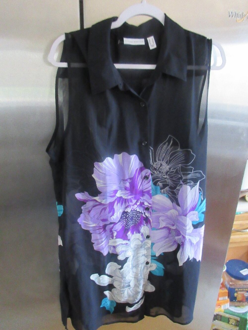 susan graver floral  sheer topper sleeveless tunic long 14 L overly artsy
